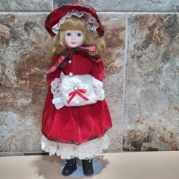 Vintage Porcelain Doll Velvet Red Dress White Lace Muff Hand Warmer - Picture 1 of 14